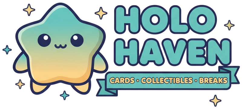 The busy fictional Holo Haven logo: a smiling star mascot beside a bubble-letter HOLO HAVEN wordmark, a ribbon banner reading CARDS, COLLECTIBLES, BREAKS, and sparkles