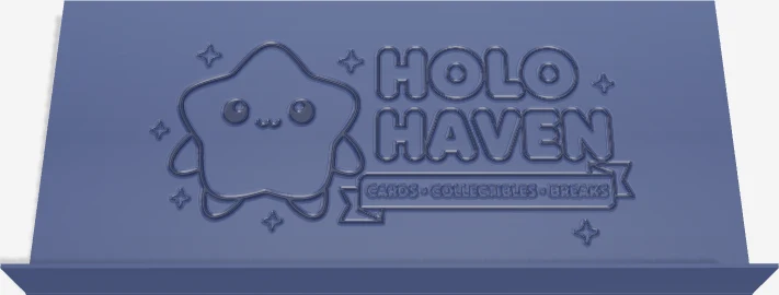 Design-studio render of the whole busy logo traced as one image on a single riser: the ribbon text is illegible and the sparkles barely register