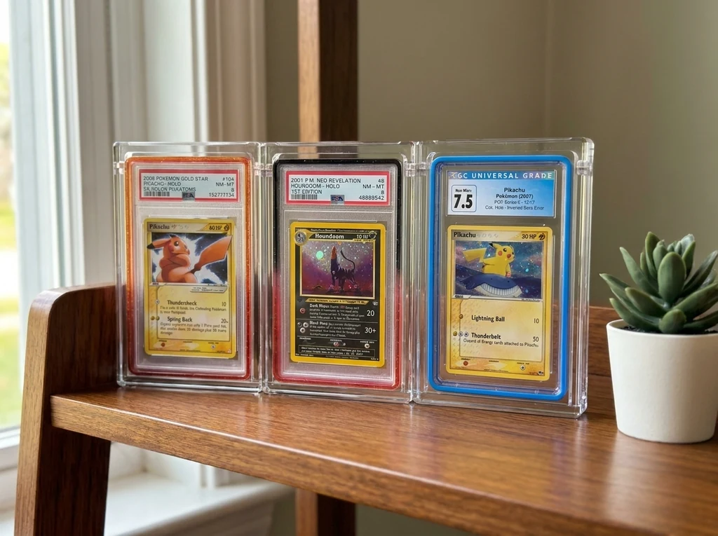 A collection of SlabVault magnetic acrylic display cases holding graded slabs on a shelf